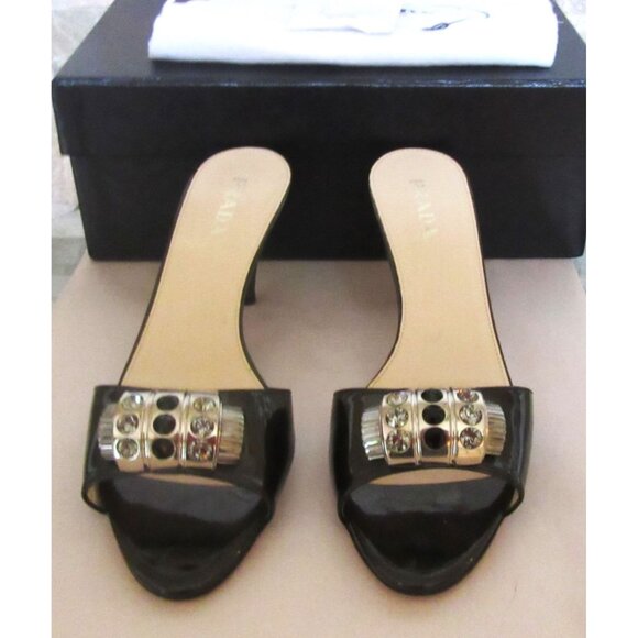 Prada Bronze Patent Calzature Donna Heels W/ Rhinestones Size 39.5 w Box Bag - Picture 5 of 8